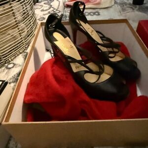 Christian Louboutin Black Strappy Round-Toe Heels with Ankle Strap